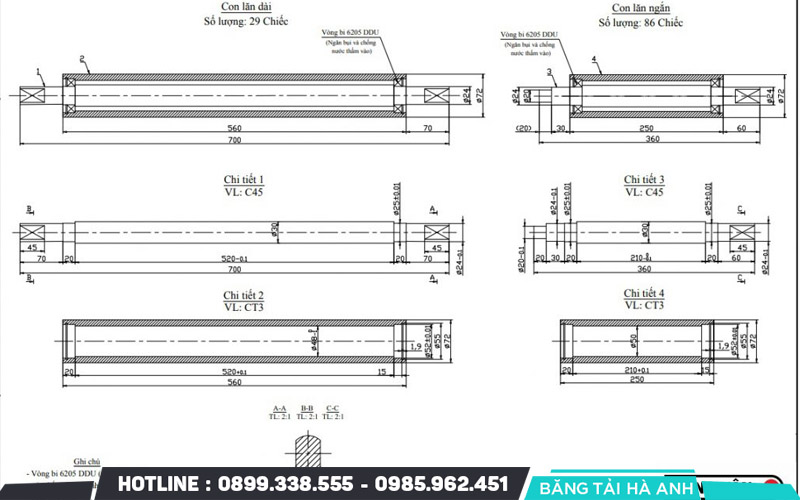Bản vẽ con lăn băng tải là tài liệu kỹ thuật thể hiện chi tiết các thông số kỹ thuật, cấu tạo và kích thước của con lăn