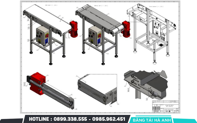 Bản vẽ 3D con lăn băng tải mô tả không gian 3 chiều