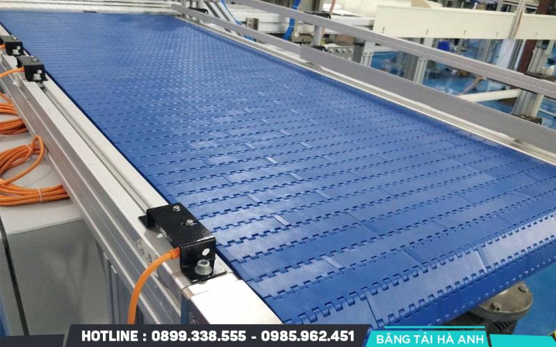 Hệ thống băng tải sử dụng băng tải mô-đun hoặc băng tải PVC để sản phẩm di chuyển liên tục