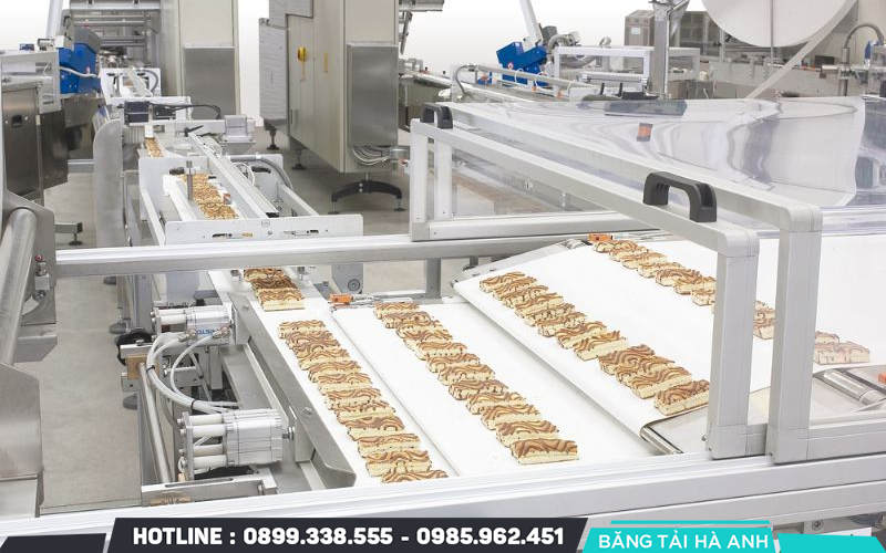 Băng tải đóng vai trò kết nối toàn bộ dây chuyền sản xuất bánh bông lan