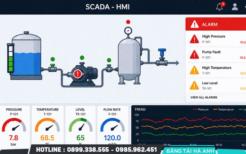 HMI là giao diện giúp người vận hành theo dõi và điều khiển hệ thống thông qua màn hình cảm ứng