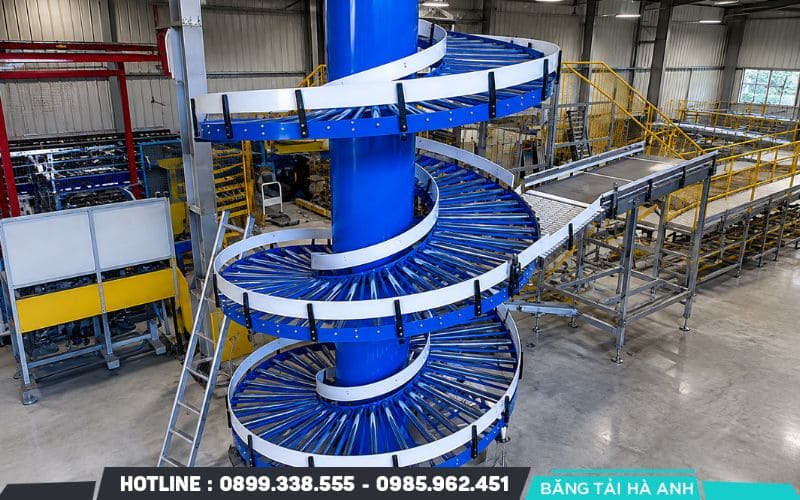 Băng tải xoắn ốc phù hợp với dây chuyền cần thay đổi cao độ nhưng bị giới hạn về diện tích mặt sàn