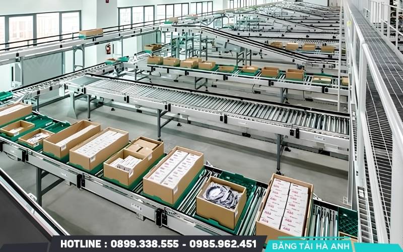 Hệ thống băng tải giúp dây chuyền sản lượng lớn chạy liên tục không bị gián đoạn vật liệu.