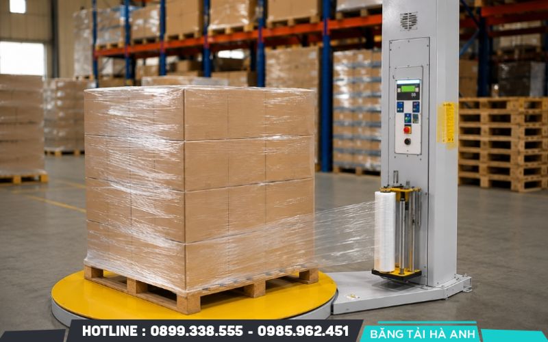 Máy dán thùng carton, đóng đai và quấn màng pallet