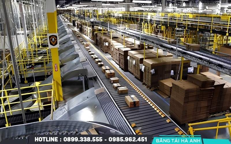 Hệ thống băng tải vận chuyển và phân loại hàng hóa đảm nhiệm việc di chuyển kiện hàng giữa các công đoạn