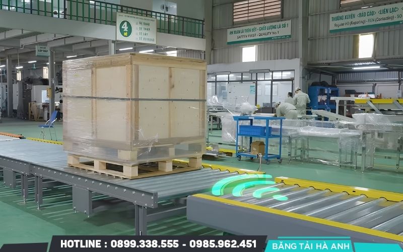 Băng tải con lăn và băng tải xích giúp di chuyển pallet theo tuyến cố định